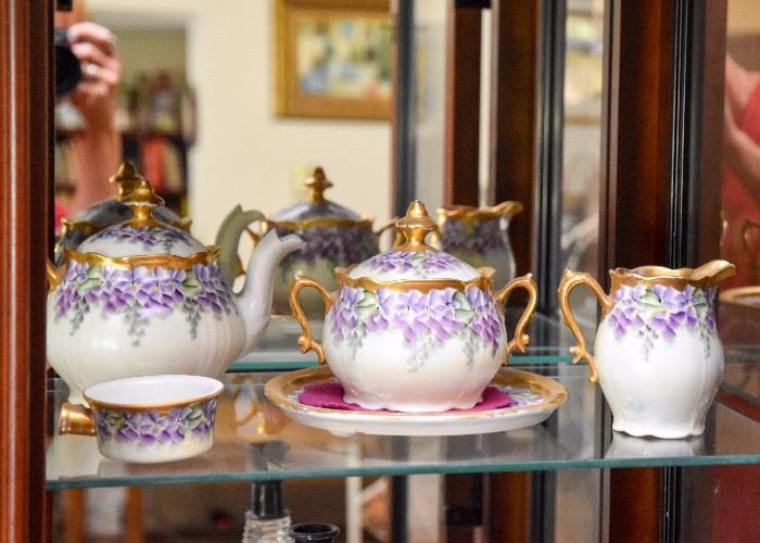 Fine Hand Painted China Tea Set, Teapot, Sugar Bowl & Creamer (Pansies)
