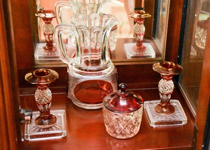 Ruby Glass Pitcher, Candlesticks, Condiment Jar