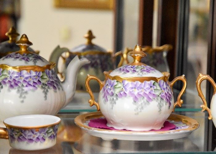 Fine Hand Painted China Tea Set, Teapot, Sugar Bowl & Creamer (Pansies)
