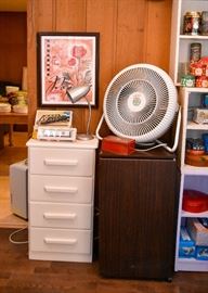 Narrow White Chest of Drawers, Small Refrigerator, Desk Lamp, Vintage Trains, Floor Fan, Wall Art