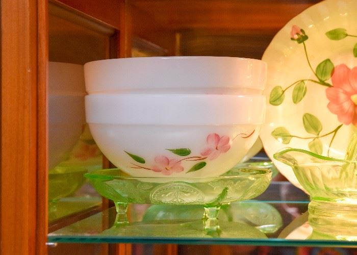 Green Depression Glass, Vintage Painted Glass Mixing Bowls