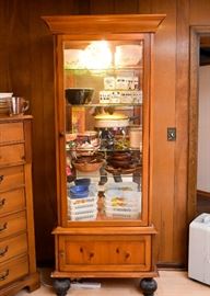 Tall Lighted Pine Display Cabinet with Glass Door & Shelves