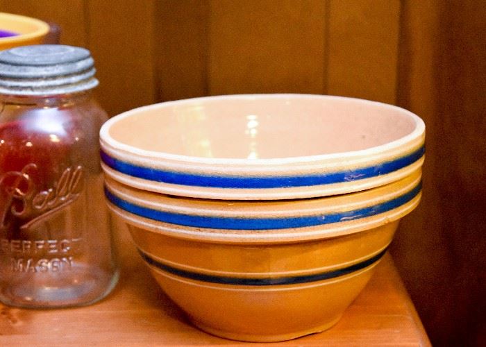Vintage Yellow Ware Bowls with Blue Stripe