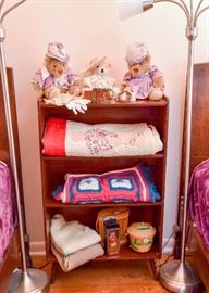 Vintage Bookshelf, Linens, Collectible Teddy Bears, Home Decor
