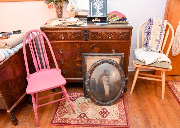 Vintage Pink Painted Spindle Back Chair, Antique Framed Photographs