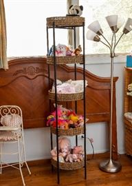 Iron & Wicker 5-Tier Shelf / Storage Tower (There are 2 of these), Wood Headboard