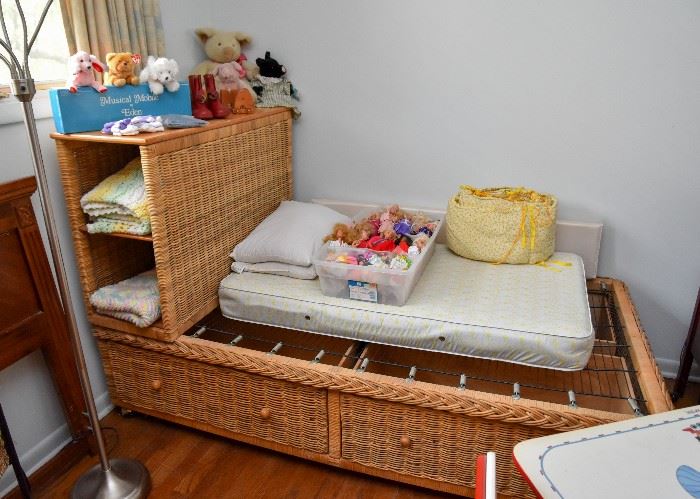 Natural Wicker Twin Bed with Storage Drawers and Shelf Unit