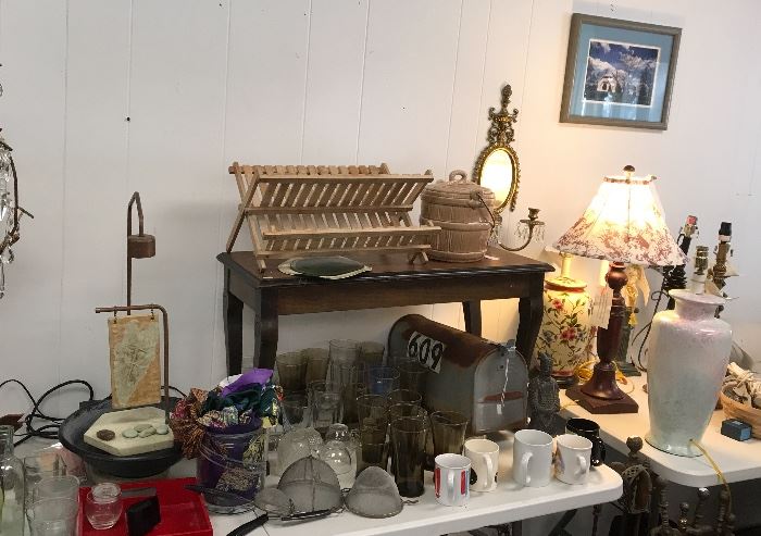 Assortment of kitchen ware and a very nice fountain.