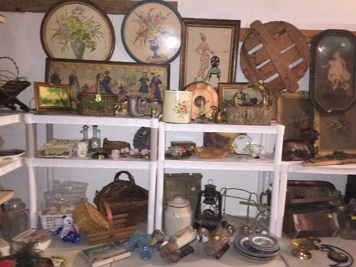 Antique prints, pottery crocks, tins, baskets