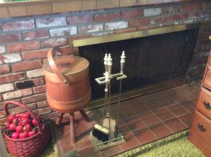 Retro sewing basket, fireplace tools