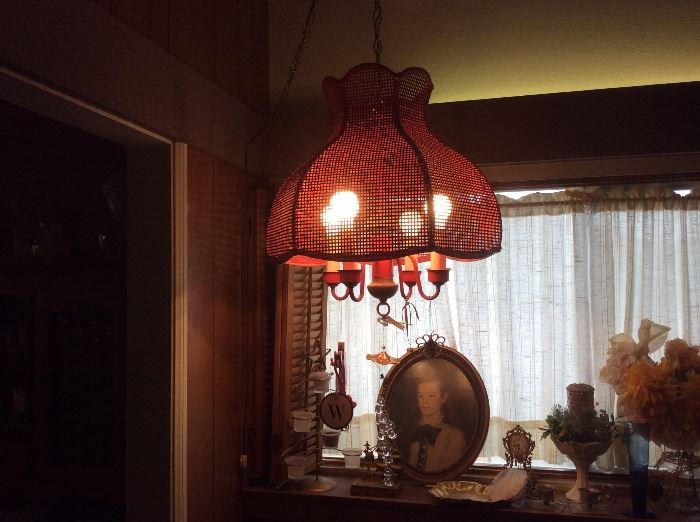 Pink wicker hanging lamp