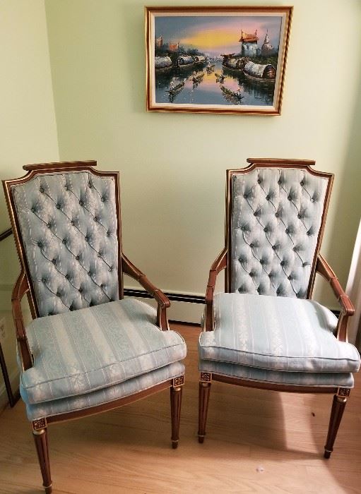 French-styled armchairs in carved wood frames. Manufacturer unknown. Asking $135 for the pair.