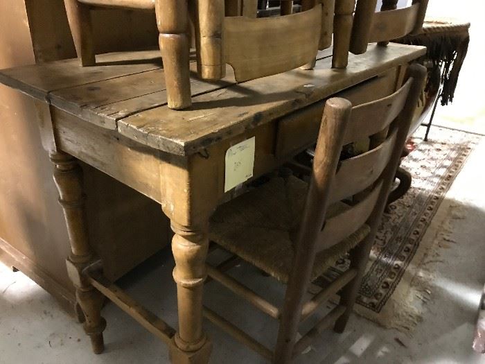 Early french pine desk- Set of chairs
