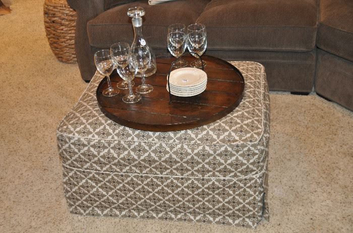 Great upholstered light brown and white ottoman by Crate and Barrel. 38"w x 20"d x 35"h