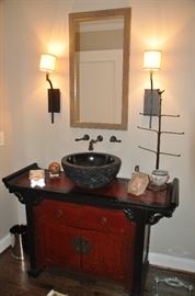 Antique Asian bathroom vanity cabinet with exquisite stone sink 52"w x 32"h x 18"d. Shown with a 20" x 36" pebbled mirror and a pair of 22" contemporary sconces 