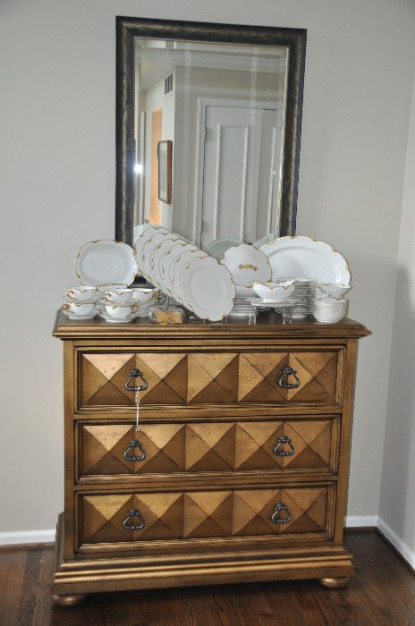 Antiqued gold tone 3 drawer chest by Stanley. 46"w x 42"h x 19.5d