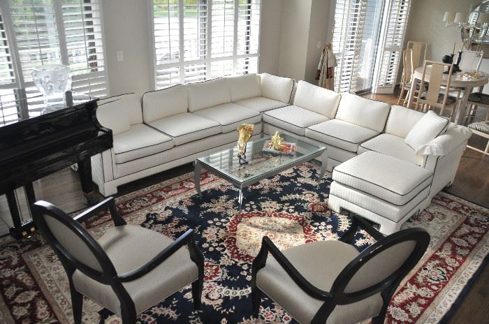 Beautiful Great room!!  Custom made 4 piece off white striped upholstered sectional with ottoman by Henredon! 10" x 10w x 28"h x 35"d  (Sorry piano is not for sale)