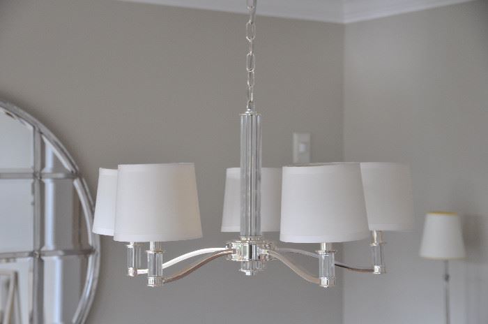 Satin chrome and glass 5 arm contemporary chandelier 28"w