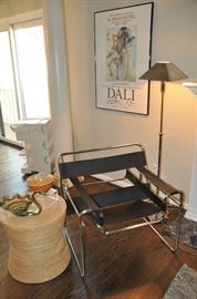 Wassily mid century, made in Italy chrome and black leather chair shown with a 19" round jute rope end table 