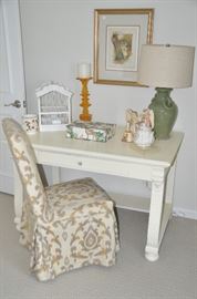 Wonderful Shabby Chic desk with one drawer 48" w x 30"h x 28" d. Also available is a matching desk top! Shown with a Parson style with slip cover desk chair 