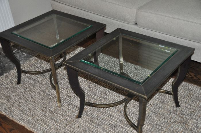 Wrought iron and glass 20" square end tables by Swaim