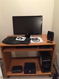 Computer, Keyboard, speakers, Monitor. 
