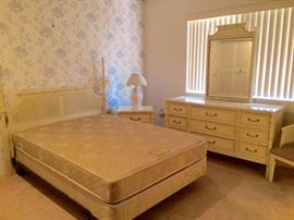 Henry Link painted Queen Headboard, Triple Dresser w/ Mirror, Nightstand, Morganton Chair Co Side Chair