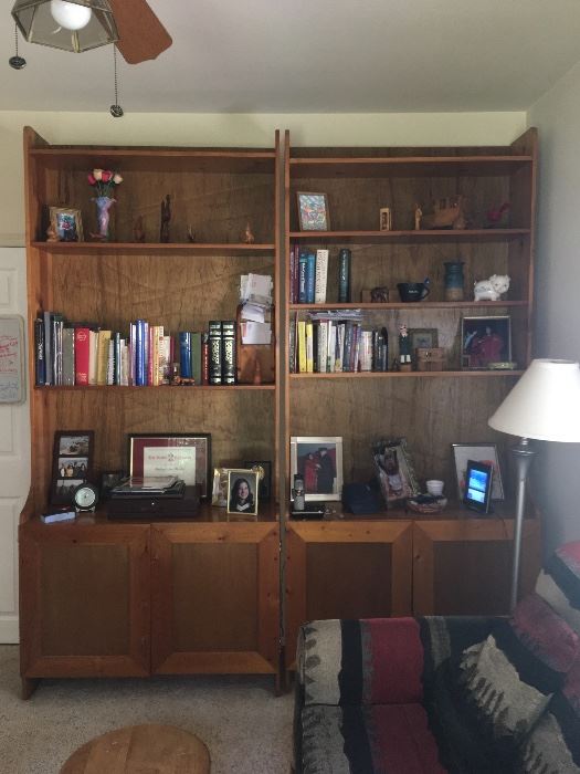 Pair pine book cases with storage 