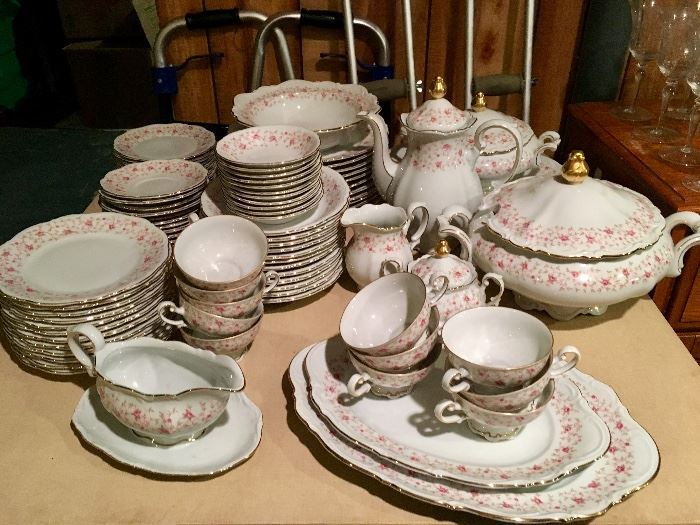 Full set of 12 plus extras Bavarian pink floral china