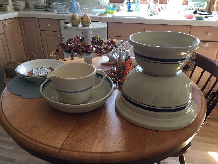 Roseville Pottery Bowl (4 Qt, 8 Qt), pottery batter pitcher, Butcher Block Table (with one built in leaf) and four Windsor chairs.