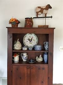 Pine country cabinet, folk art, pottery