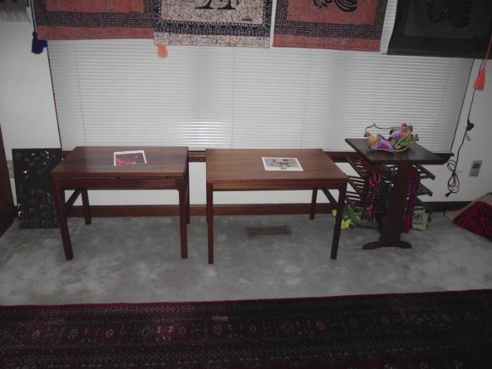 Mid century modern end tables, on the left marked "Johnson Chair Co.", table on the right marked "Arbatove"