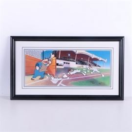 Virgil Ross Limited Edition Sericell "Yer' Out": A limited edition Virgil Ross sericell tilted Yer’ Out. This animation cell inspired by the 1946 Warner Brothers cartoon Baseball Bugs depicts Bugs Bunny sliding into home base and confronting with the umpire. The work is hand signed in ink by animator Virgil Ross in the lower right and hand numbered 690 in an edition of 750. It is presented under acrylic glass with a layered mat in a black wooden frame. A certificate of authenticity is found on the verso. Ready to hang.