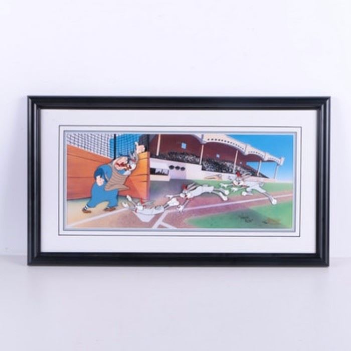 Virgil Ross Limited Edition Sericell "Yer' Out": A limited edition Virgil Ross sericell tilted Yer’ Out. This animation cell inspired by the 1946 Warner Brothers cartoon Baseball Bugs depicts Bugs Bunny sliding into home base and confronting with the umpire. The work is hand signed in ink by animator Virgil Ross in the lower right and hand numbered 690 in an edition of 750. It is presented under acrylic glass with a layered mat in a black wooden frame. A certificate of authenticity is found on the verso. Ready to hang.