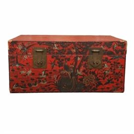 Vintage Chinoiserie Cedar Chest: A vintage Chinoiserie cedar chest. This chest features a hinged top with locking pieces to the front that opens to interior storage. The exterior of the chest features a design that depicts floral elements and birds on a red background.