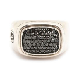 David Yurman "Pavé Collection" Sterling Silver Diamond Ring: A David Yurman sterling silver diamond ring from the Pavé Collection. This sterling silver signet style ring features a bezel filled with pavé set black diamonds. One shank of the ring bears the David Yurman mark in recessed detail.