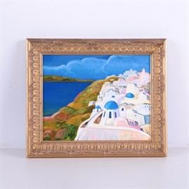 Rod McGehee Oil Painting on Panel of Santorini Grecian Landscape: An oil painting on panel by Texas artist Rod L. McGehee (20th/21st centuries). The piece depicts a Fauvist-inspired Grecian landscape of blue-domed white buildings that line the coast of Santorini, rendered in a vibrant palette of blue, green, white, pink and red. The work is signed “McGehee” in grey paint to the lower right. It is presented without glass in a gold tone wooden frame with decorative foliate gesso embellishments to the front and hanging wire to the verso. More information about the artist can be found by visiting the link in “Additional Information”, located below.