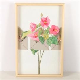 Helen Gwinn Mixed Media Collage on Paper of Pink Hibiscus Flowers and Envelopes: A mixed media collage on embossed paper by New Mexico artist Helen Gwinn (20th/21st centuries). The piece depicts a group of four pink hibiscus flowers rendered in watercolor and layers of cut and painted paper. They are shown growing through a small light brown envelope to the center, with two similar envelopes on either side that contain cut-paper fences. The paper ground features a row of embossed U.S. mailbox designs to the lower half of the work. The collage is signed in pale green paint to the center-right and is presented under glass in a natural wooden shadowbox frame with hanging wire to the verso.