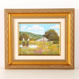 Manuel Garza Original Oil Painting "Wildflowers": An original oil painting on canvas titled Wildflowers by listed American artist Manuel Garza (Born 1940). This landscape painting depicts colorful wildflowers and several agave plants growing near the pond of a country home set in a southwestern valley. The work is signed in the lower left of the canvas, and again in pen on the verso. It is presented ready to hang in a gold-tone gesso frame with tan liner.