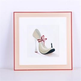 Offset Lithograph on Paper After Inna Panasenko's "High Heels - Romance": A contemporary offset lithograph on paper after an illustration by Russian artist Inna Panasenko. The piece, titled High Heels – Romance, depicts a male figure in a long black trench coat and brimmed hat playing golf on a giant white and red high-heeled shoe, set against a stark off-white background. The image is signed in plate to the lower right. It is matted in white and presented in a decorative peach and red acrylic frame with hanging wire to the verso.