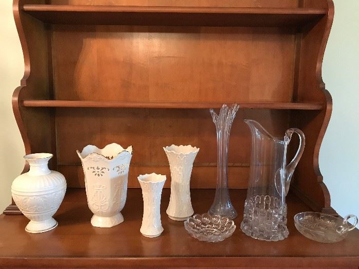 Collection of beautiful glass vases, pitchers and serving dishes.  This is only a small sampling.  Waterford & Lenox. 