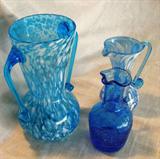 Rainbow Art Glass Blue with white Speckle double handle pitcher; Miniature Blue with White Speckle Pitcher; Blue with Clear Glass Miniature Pitcher