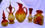 Amberina/Tangerine Collection to include:  Pinch Pitcher with Glass Stopper; Double Handle Pitcher with Stopper (small crack at one of handles); Tall Penko Pitcher; Vase; Dual Spout Water Bottle