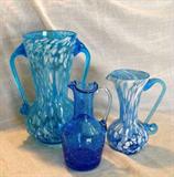 Rainbow Art Glass Collection of Blue with White Speckle Double Handle Pitcher and Minature Pitcher; Minature Blue Pitcher with Clear Handle