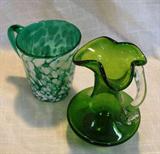 Vintage Rainbow Art Glass Green with White Speckle Cup and Minature Green Glass Pitcher with Clear handle