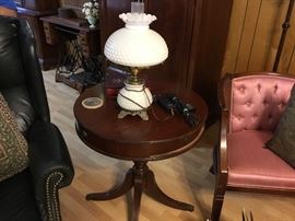 Great round end table and hobnail lamp