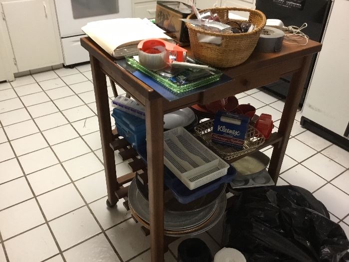 Wheeled 2 shelf wooden cart in kitchen