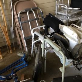 Various medical items including bath benches, walkers, canes, crutches, potty chair & more