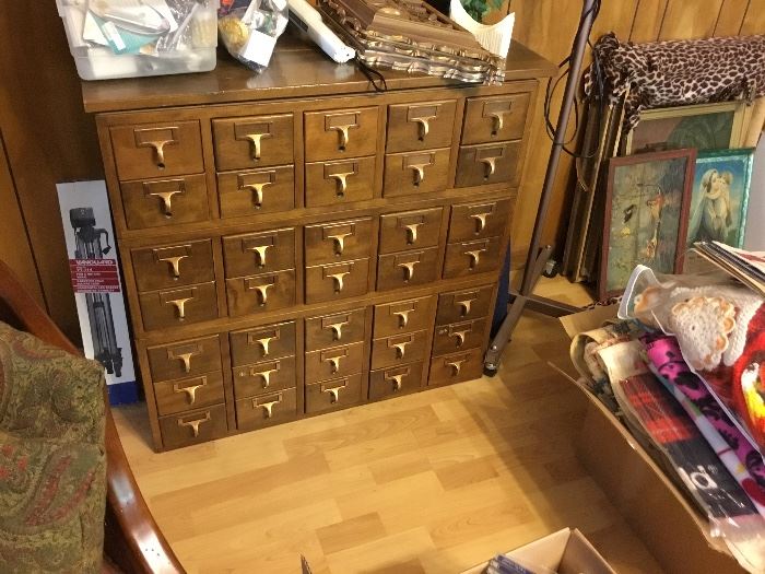 3 separate card catalog sets stacked