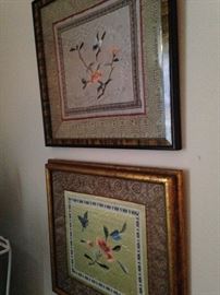 Framed Asian silk wall hangings